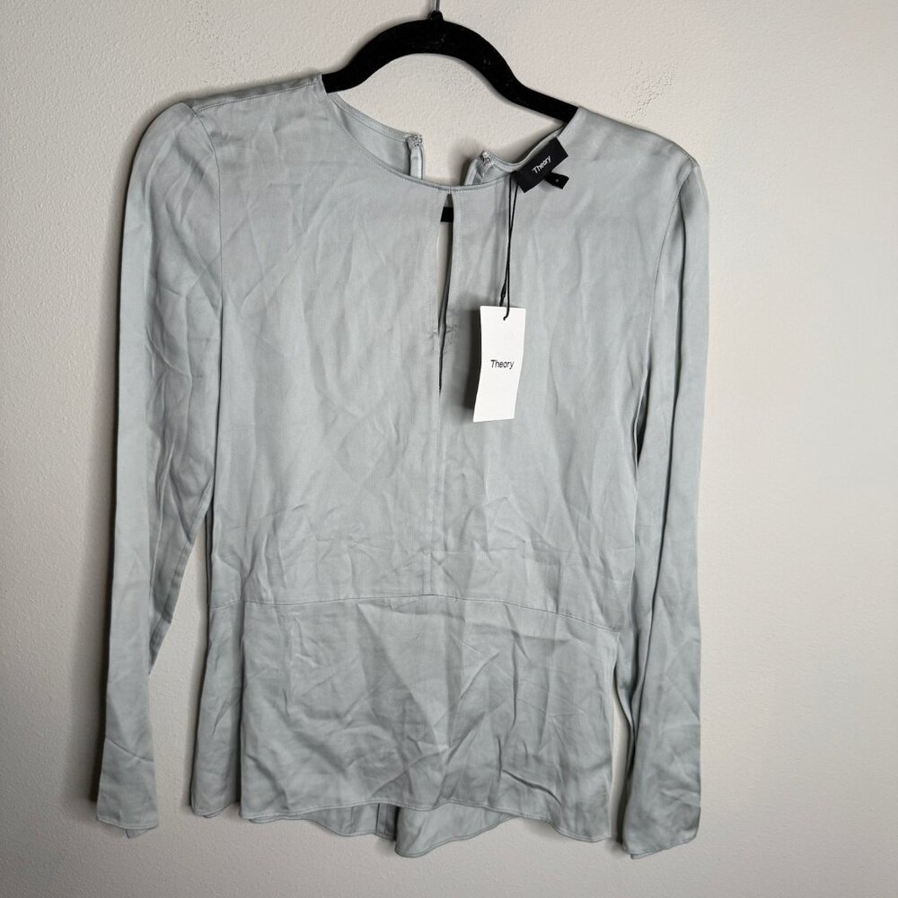 Theory Women's Arlo Long Sleeve Zip Up Back Blouse in Silver Ice - Size S